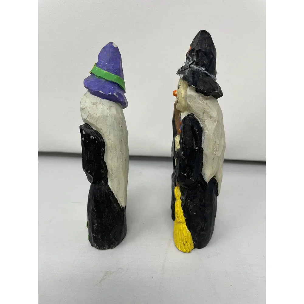 Hermitage pottery Halloween Decor Witch Figurines w/‎ Frog Cat Broom - Set of 2